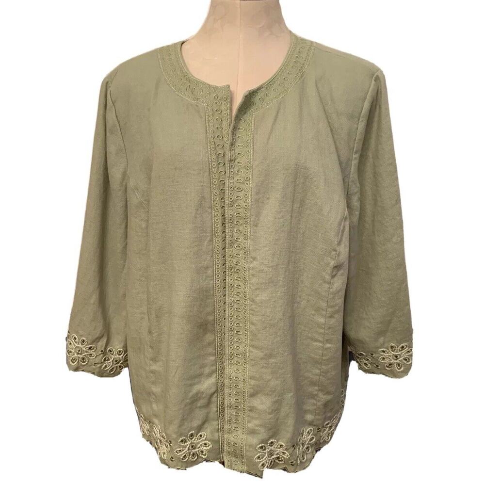 20W Dressbarn Woman Lined Green Jacket Linen Eyelet and Embroidery 3/4 Sleeve